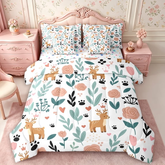 Manfei Cute Deer Queen Bedding 7pcs,Cartoon Flowers Bedding Comforter Set Queen,Reversible