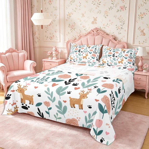 Manfei Cute Deer Queen Sheets 4 Pieces,Cartoon Flowers Queen Sheet Sets,1 Flat Sheet,1 Fitted Sheet and 2 Pillowcases