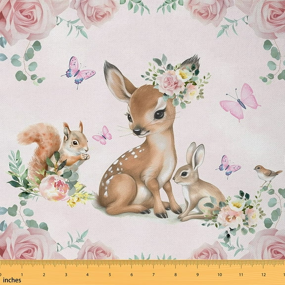 Manfei Cute Deer Squirrel Rabbit Fabric by the Yard (1 Yard) for Kids, Pink Floral Flower Decorative Fabric by the Yard, Woodland Animal Sewing & Crafting Fabric