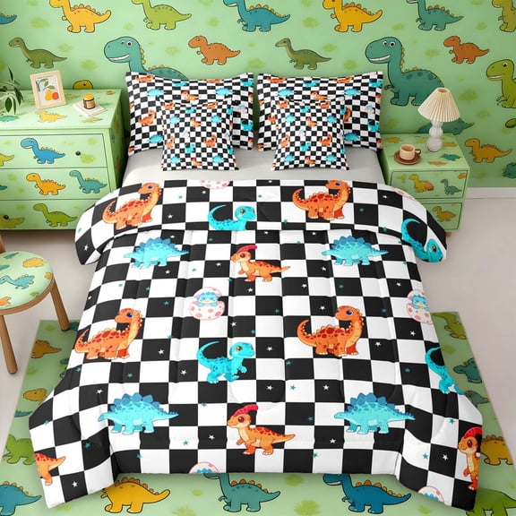Manfei Cute Dino Animals 7-Piece Twin Bedding,Dragon Checkerboard Bedding Comforter Set,Black White,Light Gray Reversible