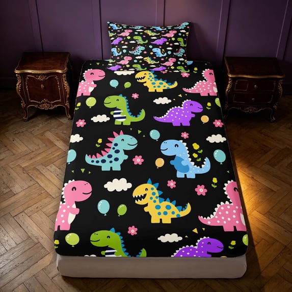 Manfei Cute Dino Animals Fitted Sheet Queen,Kawaii Flower Cloud Balloon Bedding,Black Green,3 Pieces,1 Fitted Sheet and 2 Pillowcases