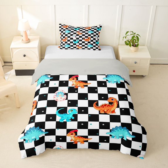 Manfei Cute Dino Animals Twin Duvet Cover,Dragon Checkerboard Twin Bedding,Black White,Navy Blue Reversible,1 Duvet Cover and 1 Pillowcase