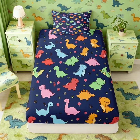 Manfei Cute Dino Animals Twin Fitted Sheet,Kawaii Flowers Bedding,Blue Green,2 Pieces,1 Fitted Sheet and 1 Pillowcase