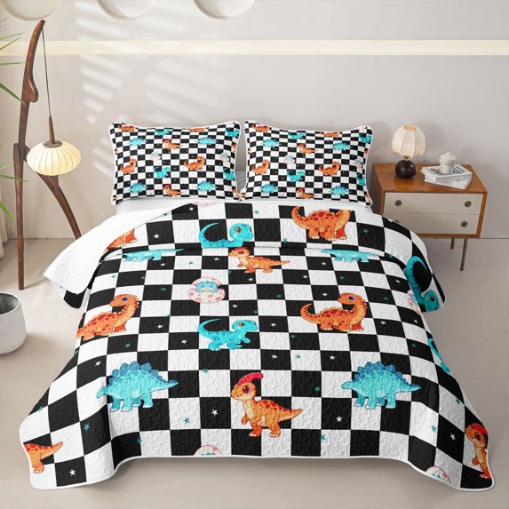 Manfei Cute Dino Animals Twin Quilt Set,Dragon Checkerboard Twin Coverlet Set,Black White,2 Pieces,1 Bedspread and 1 Pillowcase