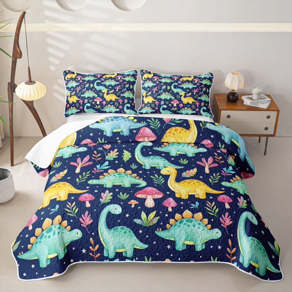 Manfei Cute Dino Animals Twin Quilt Set,Kawaii Mushroom Stars Twin Coverlet Set,Blue Green,2-Piece,1 Bedspread and 1 Pillowcase