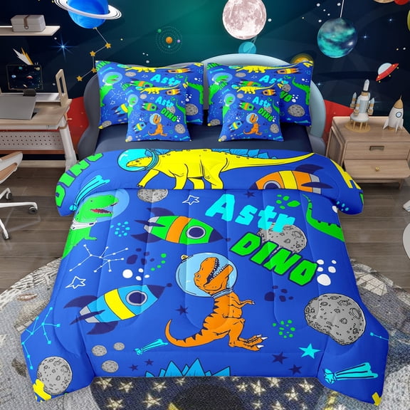 Manfei Cute Dino Dinosaur 7 Pieces Bedding Comforter Set,Cartoon Rocket Planet Full Bedding Set,Blue Orange Gray Fitted Sheet Flat Sheet For Boys Teens,Super Cozy Room Decor Reversible
