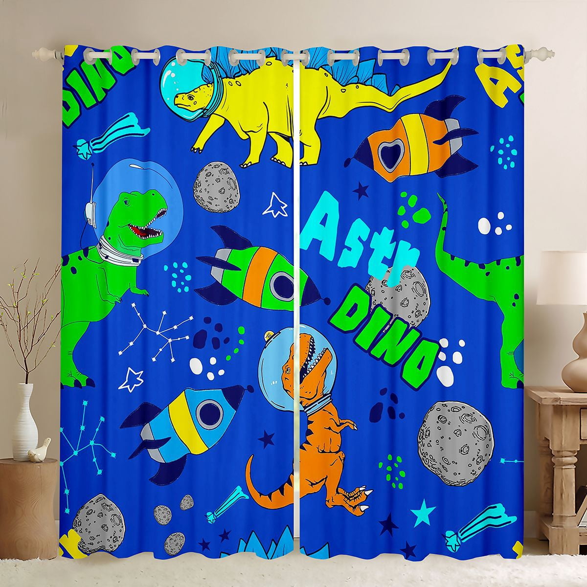 Manfei Cute Dino Dinosaur Black Out Curtains,Cartoon Rocket Planet Curtains Pack of 2 (42x63 Each),Blue Orange Gray Bedroom Curtains For Boys Teens,Super Cozy Room Decor