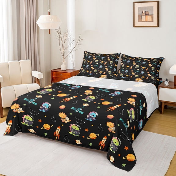 Manfei Cute Dinosaur Astronaut Bed Sheets,Cartoon Rocket Planet King Sheets,Kawaii Stars Print Sheet Set For Boy,Ultra Soft Home Decor,4 Pieces