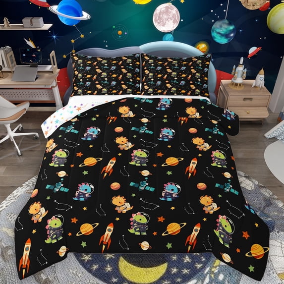 Manfei Cute Dinosaur Astronaut Queen Comforter Set,Cartoon Rocket Planet Bedding Sets,Kawaii Stars Print Bedding Comforter Set For Boy,Ultra Soft Home Decor Reversible,3-Piece