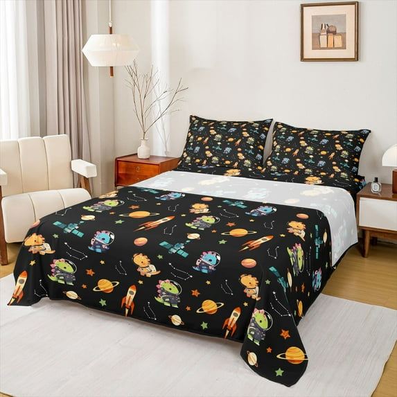 Manfei Cute Dinosaur Astronaut Twin Sheet Sets,Cartoon Rocket Planet Twin Fitted Sheet,Kawaii Stars Print Flat Sheet For Boy,Ultra Soft Home Decor,3 Pieces