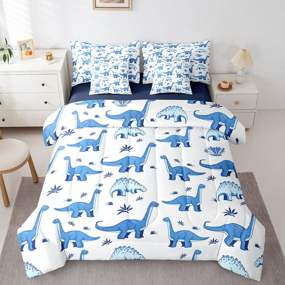 Manfei Cute Dinosaur Bedding Full Size,Cartoon Animal Comforter Sets with Sheets,Blue White Bedding Sets Full Size,Ultra Soft Bedroom Decorative Reversible,7pcs
