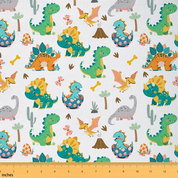 Manfei Cute Dinosaur Dino Sewing & Crafting Fabric (3 Yards) for Kids, Cartoon Wildlife Animal Home Decor Fabric by the Yard, Botanical Tree DIY Fabric