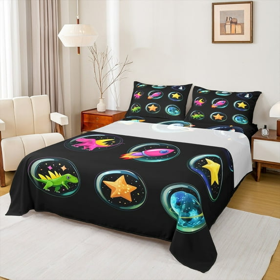 Manfei Cute Dinosaur Full Size Sheets 4pcs for Children, Rocket Star Bed Sheets, Kawaii Dino Animal Sheet Sets, Microfiber Bedroom Decor