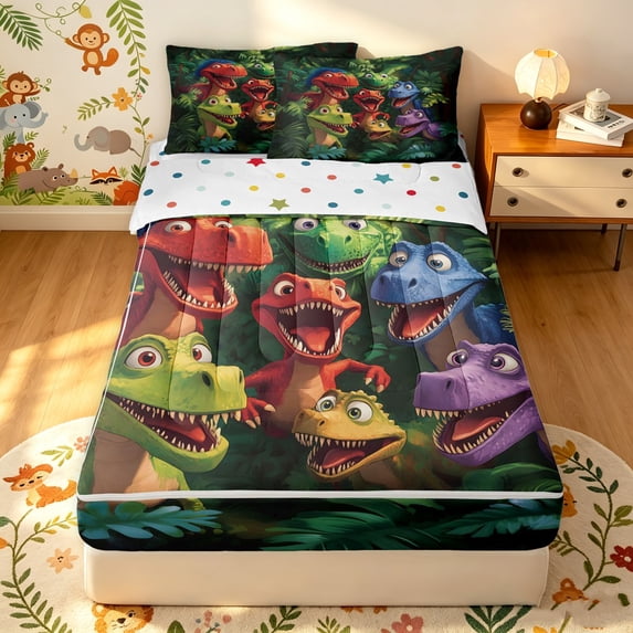 Manfei Cute Dinosaur Zipper Twin Comforter Sets with Fitted Sheet and 2 Pillowcases, Woodland Cartoon Animal Zipper Bedding Set, Dark Green, Polkadot Reversible, 4 Pieces