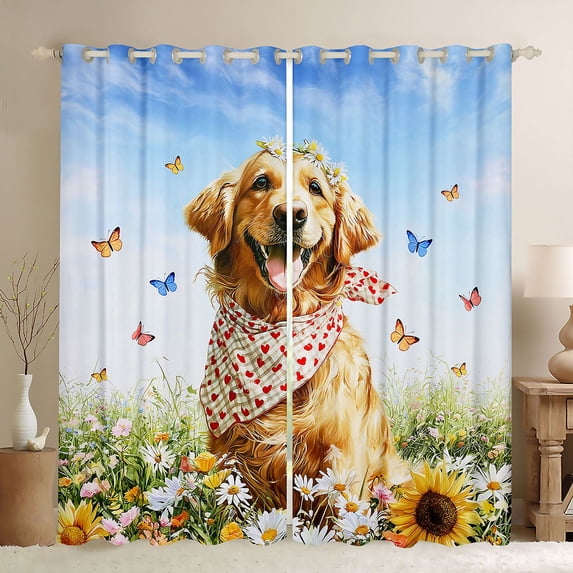 Manfei Cute Dog Blackout Curtains, Rustic Sunflower Butterfly Window Curtains Pack of 2 (38x45 Each), Blue Golden
