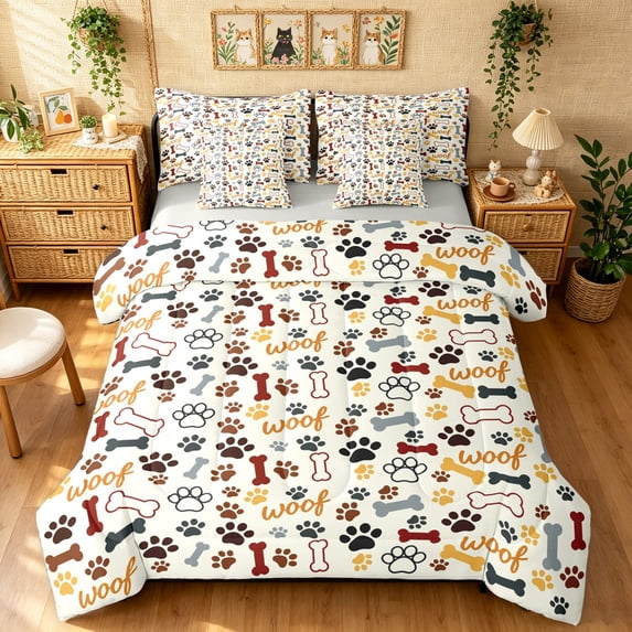 Manfei Cute Dog Full Size Bedding Sets, Graffiti Paw Print Full Size Bed in a Bag, Cream, Gray Reversible, 7-Piece