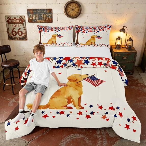 Manfei Cute Dog Full Size Comforter Sets, USA Flag Bedding Comforter Set, Beige Red Navy, Navy Reversible 3 Pieces, 1 Comforter and 2 Pillowcases