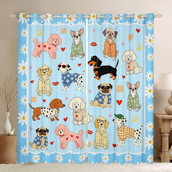 Manfei Cute Dog Lover Blackout Curtains, Cartoon Daisy Window Curtains Pack of 2 (38x45 Each), Light Blue