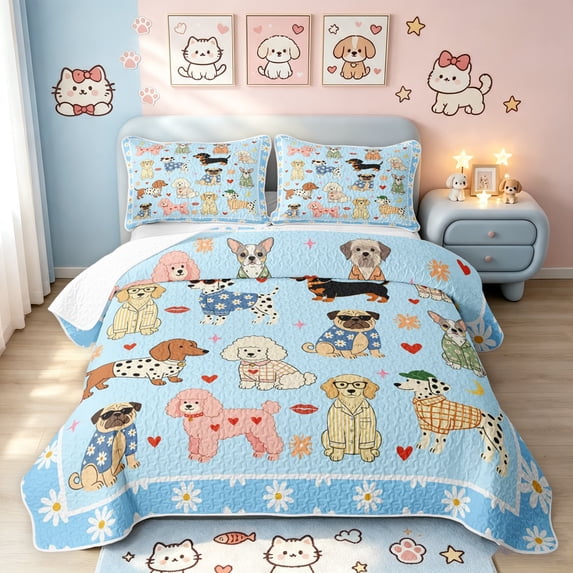 Manfei Cute Dog Lover Twin Quilt Set, Cartoon Daisy Twin Coverlet Set, Light Blue, 2pcs, 1 Bedspread and 1 Pillowcase