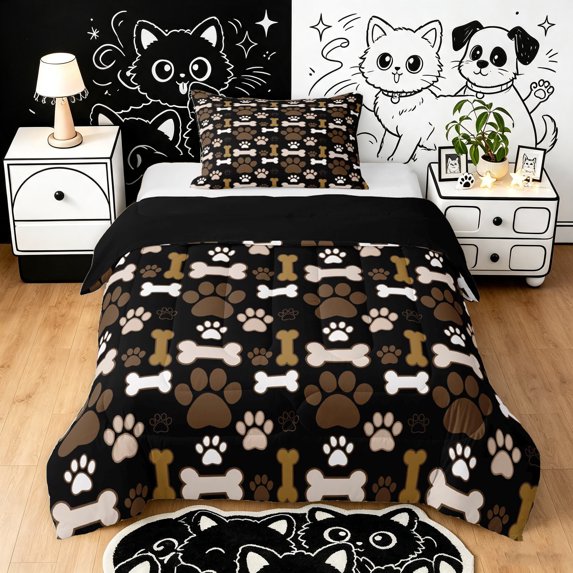 Manfei Cute Dog Paw Twin Comforter Sets, Cartoon Bone Print Bedding Set, Black Brown, Black Reversible, 2pcs, 1 Comforter and 1 Pillowcase