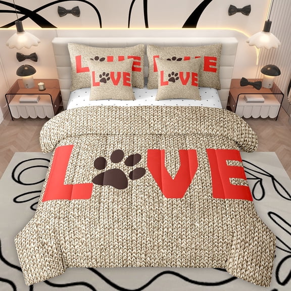 Manfei Cute Dogs Paws 7-Piece Bedding Comforter Set,Pet Animal Lovers King Bedding Sets,Love Letters Pattern Bed Sheets For Teens,Breathable Home Decor