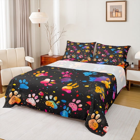 Manfei Cute Dogs Paws Bed Sheets,Watercolor Graffiti King Sheets,Colorful Splash Ink Sheet Set For Girls Kids,Microfiber Bedroom Decor,4pcs
