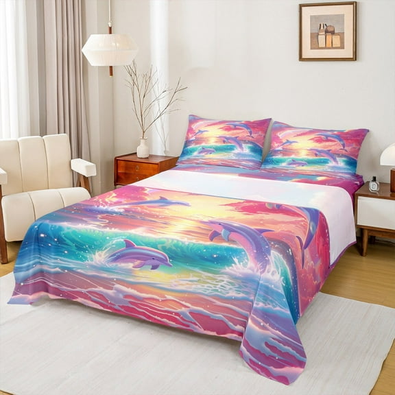 Manfei Cute Dolphin Bed Sheets Full,Ocean Sealife Bedding Sets Full Size,Pink Sea Beach Sheet Set Full For Girls,Breathable Room Decor,4 Pieces