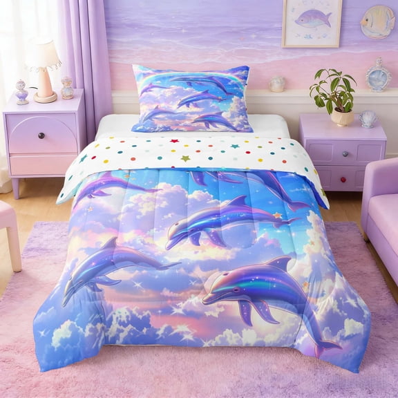 Manfei Cute Dolphin Twin Comforter Sets for Kids Boys and Girls, Rainbow Starry Sky Cloud Bedding Set, Polka Dots Reversible 2 Pieces, 1 Comforter and 1 Pillowcase