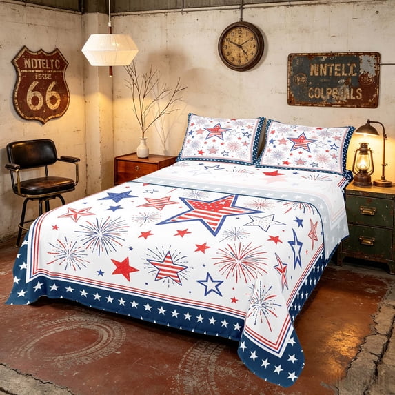 Manfei Cute Doodle Stars Fireworks Queen Sheets, Independence Day Queen Sheet Sets, Red White Blue, Navy Reversible 4pcs (1 Flat Sheet, 1 Fitted Sheet and 2 Pillowcases)
