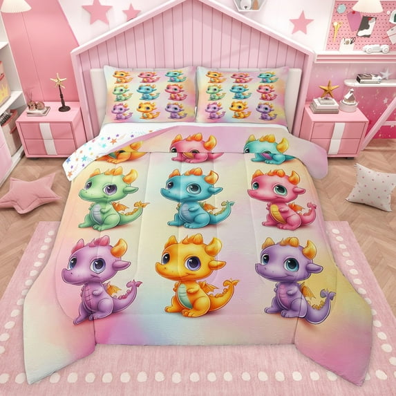 Manfei Cute Dragon 2pcs Bedding Comforter Set for Teens Kids Children,Kawaii Animal Twin Comforter Sets,Abstract Gradient Breathable Bedding Set,Breathable Home Decor,Reversible