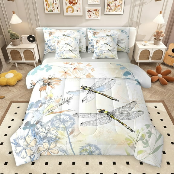 Manfei Cute Dragon 7-Piece Bedding Comforter Set,Rustic Flower Dandelion King Bedding Sets,Yellow White Bed Sheets For Girls Kids,Breathable Home Decor Reversible