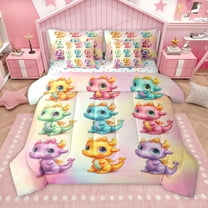 Manfei Cute Dragon 7-Piece Twin Bedding Sets for Teens Kids Children,Kawaii Animal Bedding Comforter Set,Abstract Gradient Breathable Sheet Sets,Breathable Home Decor,Reversible