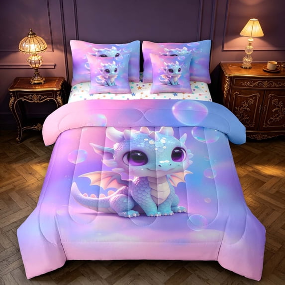 Manfei Cute Dragon Animals 7-Piece King Bedding,Kawaii Wildlife King Bed in a Bag,Purple Blue,Colorful Stars Reversible