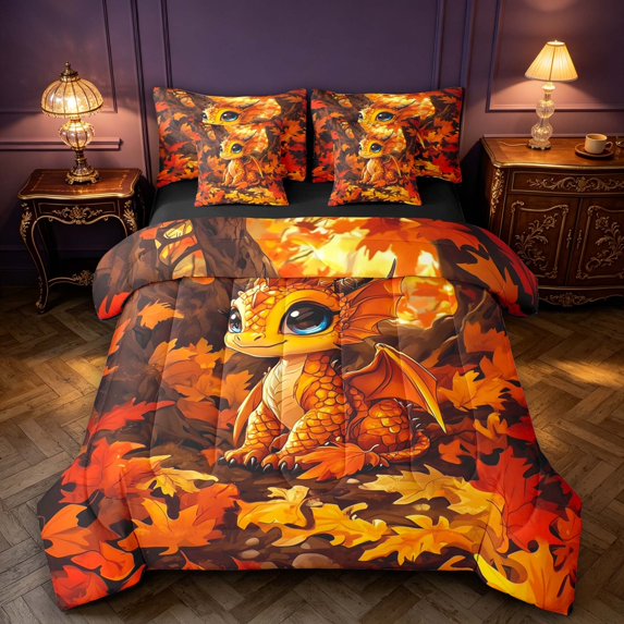 Manfei Cute Dragon Animals 7-Piece Twin Bedding,Trees Maple Leaf Bedding Comforter Set,Orange Red,Black Reversible