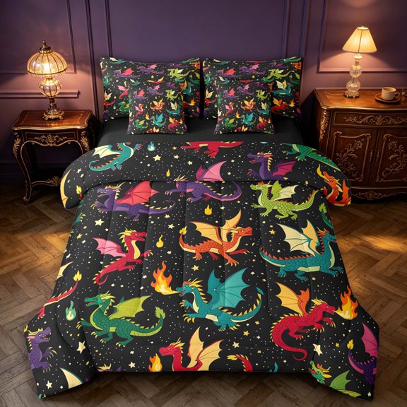 Manfei Cute Dragon Animals 7 Pieces Full Size Bedding Sets,Starry Night Stars Full Size Bed in a Bag,Black Green,Black Reversible