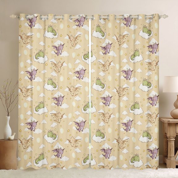 Manfei Cute Dragon Animals Blackout Curtains,Fantasy Cloud Stars Window Curtains Pack of 2 (38x45 Each),Yellow Pink