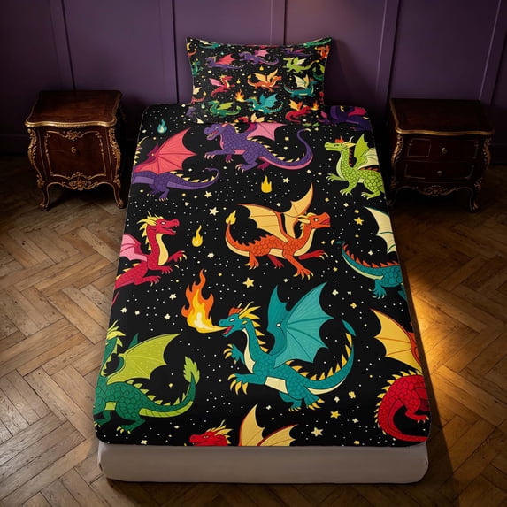 Manfei Cute Dragon Animals Fitted Sheet Full,Starry Night Stars Bed Set,Black Green,3pcs,1 Fitted Sheet and 2 Pillowcases