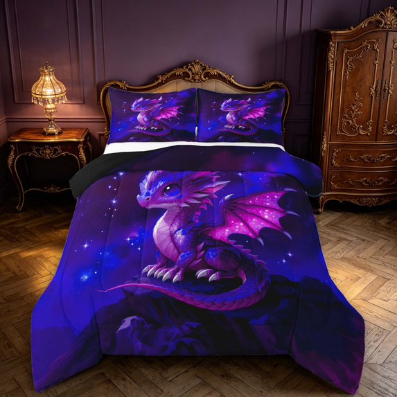 Manfei Cute Dragon Animals King Size Comforter Sets,Fantasy Cloud Stars Comforters King Size,Purple Blue,Black Reversible,3 Pieces,1 Comforter and 2 Pillowcases