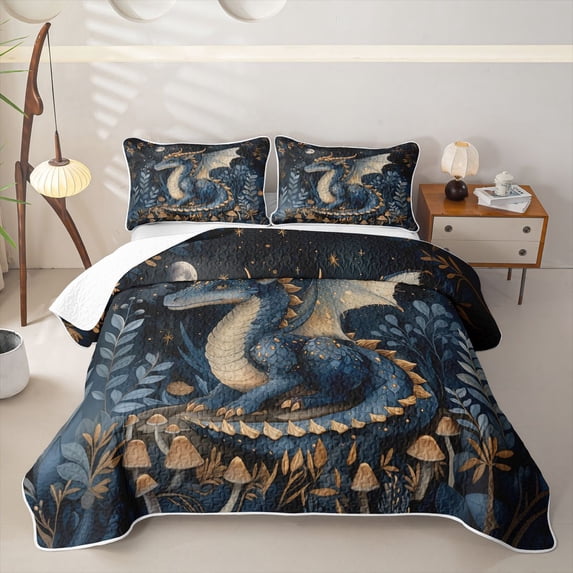 Manfei Cute Dragon Animals Twin Quilt Set,Mushroom Stars Moon Twin Coverlet Set,Blue Gray,2pcs,1 Bedspread and 1 Pillowcase