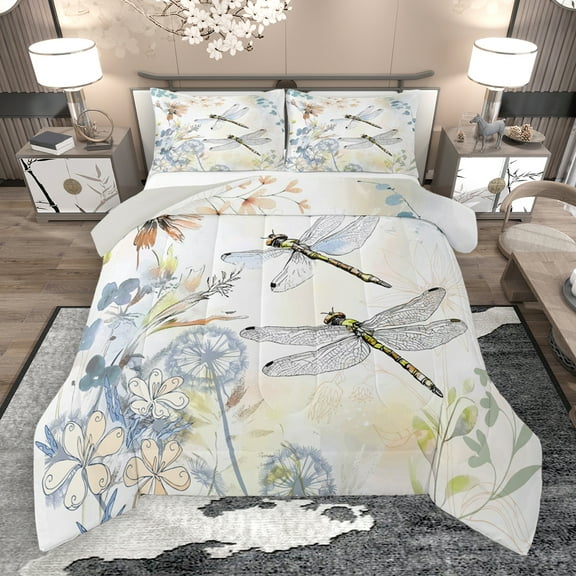 Manfei Cute Dragon Bedding Comforter Set,Rustic Flower Dandelion Twin Comforter Sets,Yellow White Bedding Set For Girls Kids,Breathable Home Decor Reversible,2-Piece