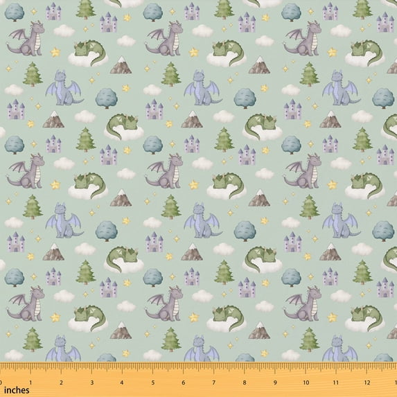 Manfei Cute Dragon Fabric by the Yard 2 Yards, Kawaii Rainbow Sewing Fabric, Mint Sage