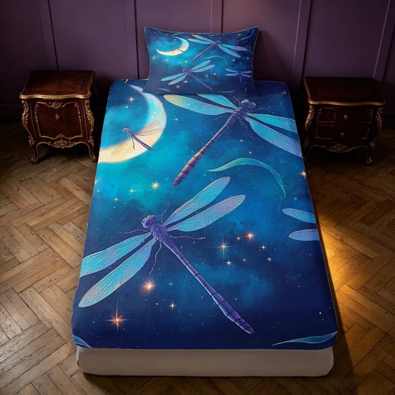 Manfei Cute Dragonflies Fitted Sheet Queen,Dreamy Moon Stars Galaxy Bedding,Deep Blue,3pcs