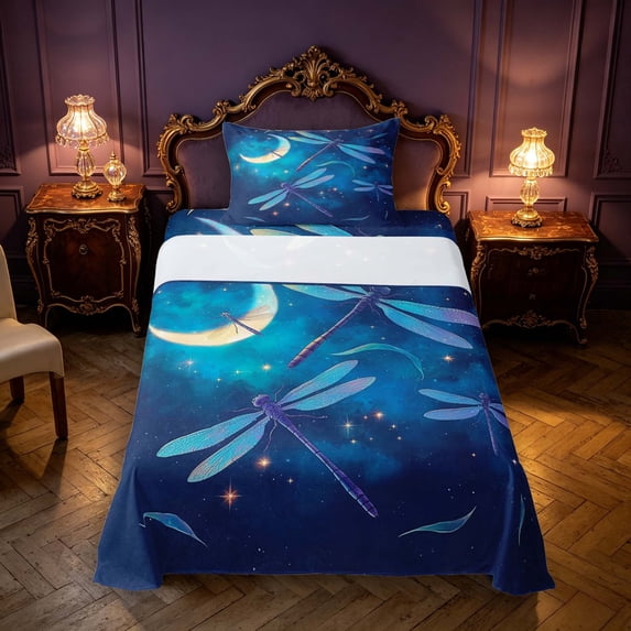 Manfei Cute Dragonflies Twin Sheets,Dreamy Moon Stars Galaxy Bedding,Deep Blue,3-Piece,1 Flat Sheet,1 Fitted Sheet and 1 Pillowcase