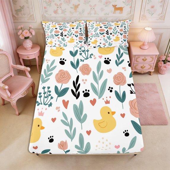 Manfei Cute Duck Fitted Sheet Queen 3-Piece,Cartoon Flowers Bedding,1 Fitted Sheet and 2 Pillowcases