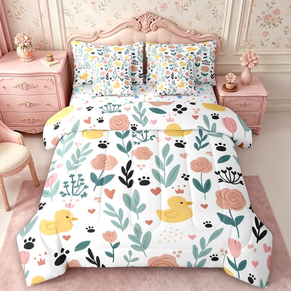 Manfei Cute Duck Full Size Bedding Sets 7 Pieces,Cartoon Flowers Full Size Bed in a Bag,Reversible