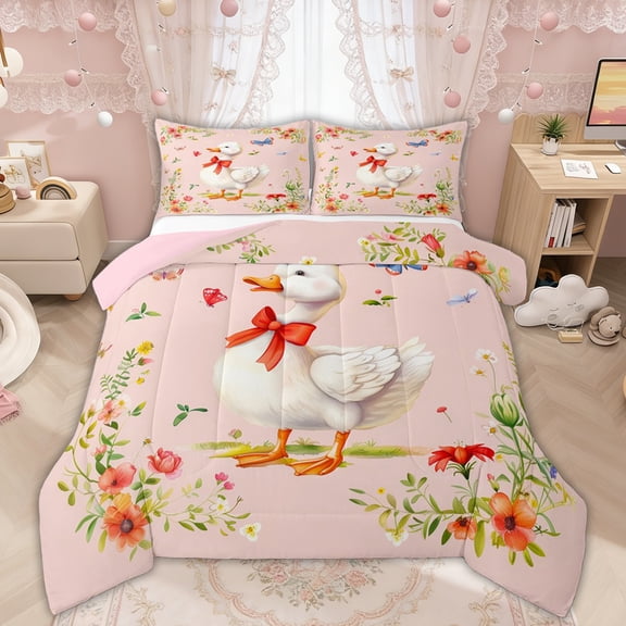 Manfei Cute Duck Red Bow Flower Queen Comforter Set for Boys Girls, Rustic Animal Bedding Comforter Set, Pink Reversible, 3 Pieces