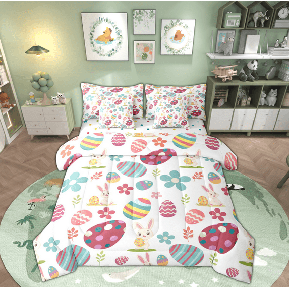 Manfei Cute Easter Bunnies Twin Bedding Sets 7-Piece fie Child, Polka Dots Eggs Bedding Comforter Set, Blossoms Flower Reversible Sheet Sets, Lightweight Room Decor
