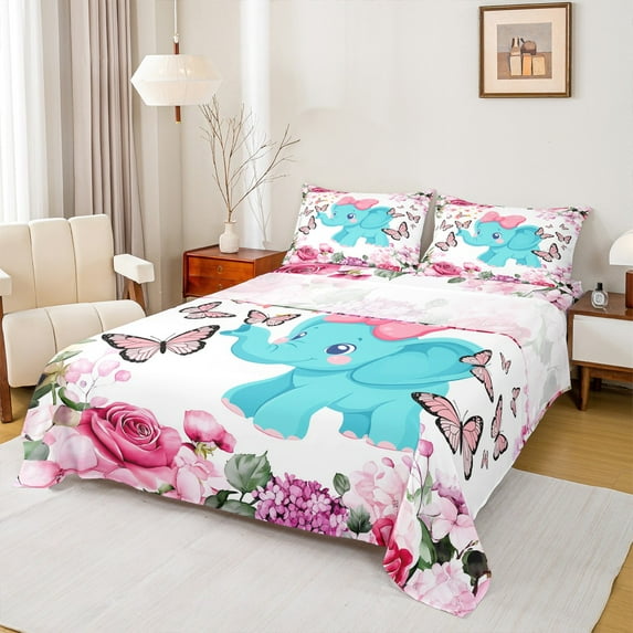 Manfei Cute Elephant Full Size Sheets for Kids Girls, Pink Butterfly Floral Bed Sheets, Spring Garden Blossoms Sheet Sets, Lightweight Room Decor 4pcs