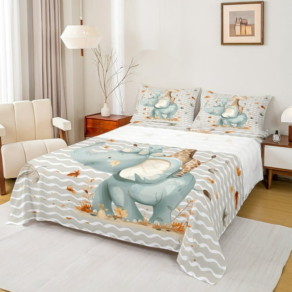 Manfei Cute Elephant Giraffe Full Size Sheets, Gray White Wave Stripe Bed Sheets, Kawaii Animal Sheet Sets, Ultra Soft Home Decor 4-Piece