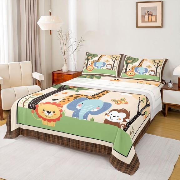 Manfei Cute Elephant Giraffe Lion Boy Girl 4 Pieces Queen Sheet Sets,Cartoon Animal Ultra Soft Flat Sheet,Woodland Animal Queen Fitted Sheet,Microfiber Bedroom Decor